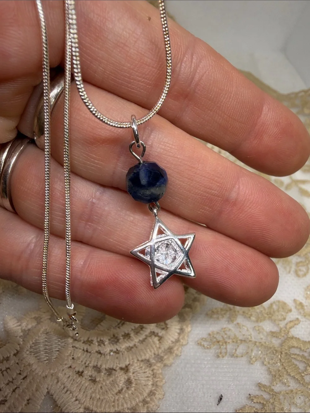 Handmade Sterling Silver Lapis Lazuli Star Necklace 925 Box Chain Celestial CZ